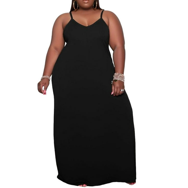 Capreze Summer Maxi Dress for Women Plus Size Long Slip Dress Casual V Neck  Sleeveless Loose Summer Beach Sun Dress with Pockets Black XL 
