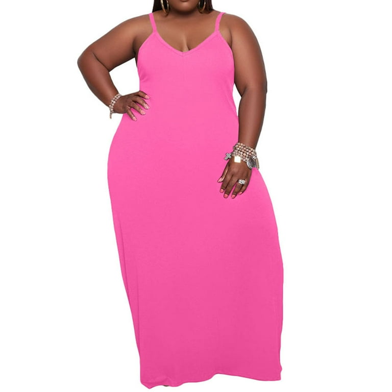 Capreze Summer Maxi Dress for Women Plus Size Long Slip Dress Casual V Neck  Sleeveless Loose Summer Beach Sun Dress with Pockets Pink L 