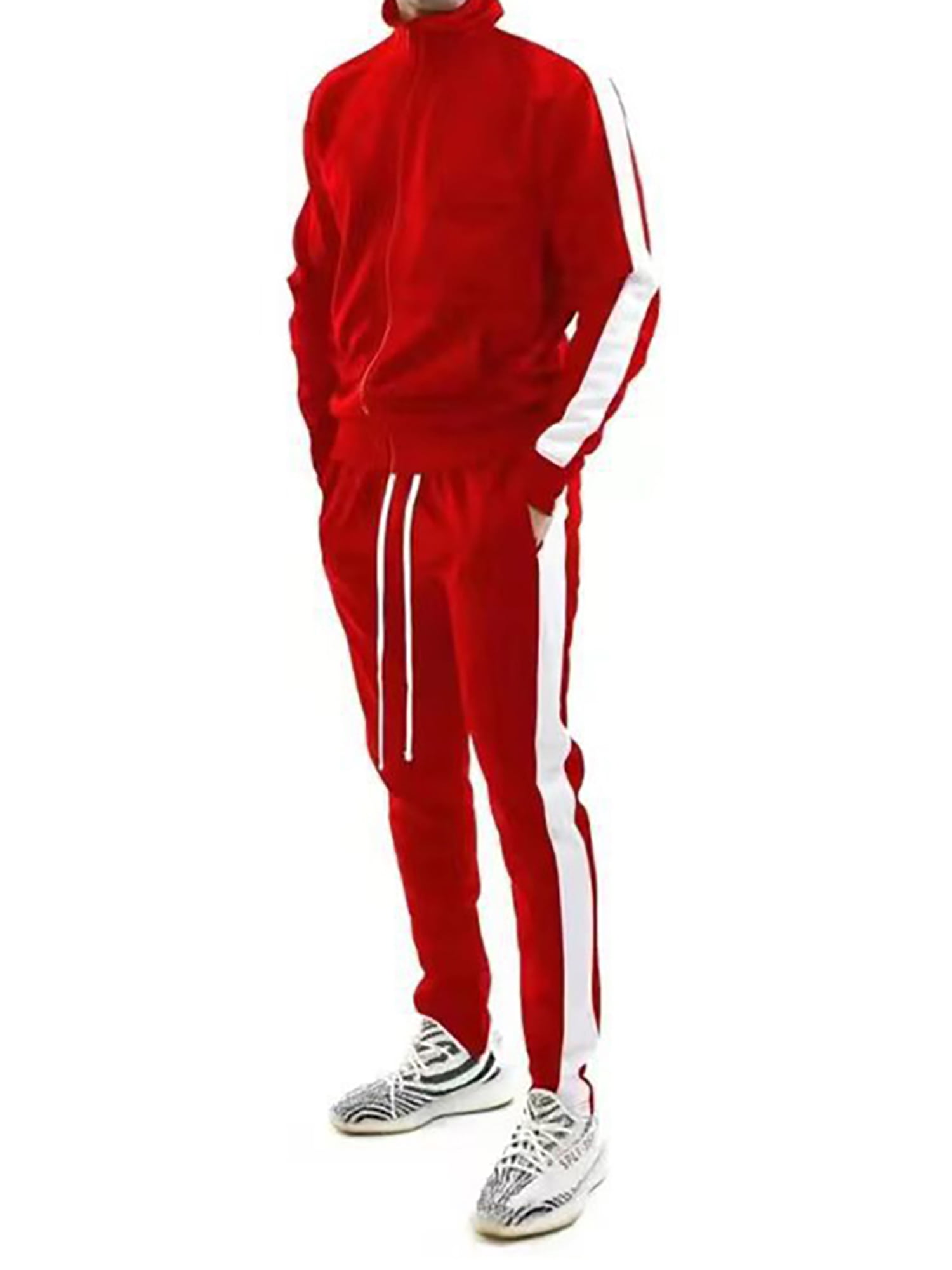 Capreze Two Pieces Sweatsuit for Men Sport Running Jogging Suit Long Sleeve  Tracksuit Sweatshirts+Pant Outfits Sets Red 2XL