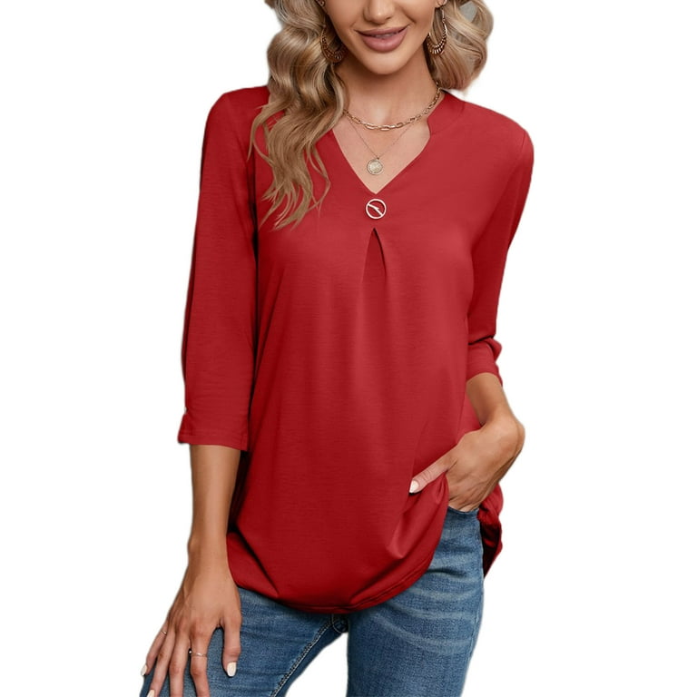 Capreze V Neck Tunic Blouse 3 4 Sleeve T shirt for Women Loose Solid Color Tops Work Ruched Pullover Red M Walmart