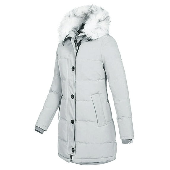 Capreze Winter Coat For Womens Zip Hooded Puffers Jackets Mid Length Thickened Buttons Warm Outwear Light Grey 4XL