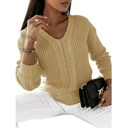 SEXY DANCE Capreze Winter Warm Sweater Jumper for Women Cable Knitted Tops Casual Long Sleeve V Neck Pullover Work Chunky Pullovers Apricot XL