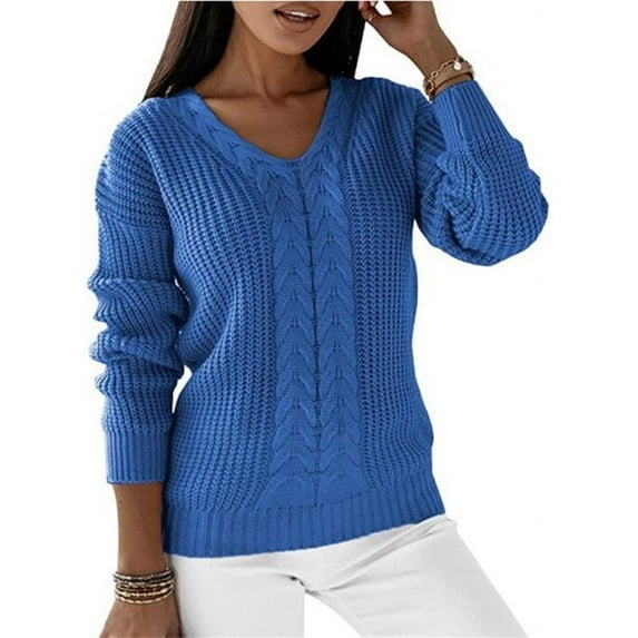 Capreze Winter Warm Sweater Jumper for Women Cable Knitted Tops Casual Long Sleeve V Neck Pullover Work Chunky Pullovers Blue M