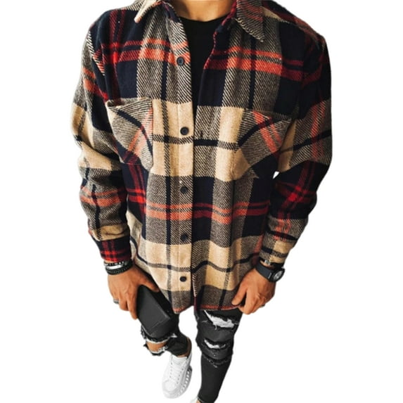 Capreze With Pocket Tunic Shirt Plaid Tops Men Slim Fit Button Down Blouse Vacation Long Sleeve Shirts Red 4XL