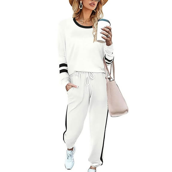 Capreze Women Casual 2 Piece Outfit Long Pant Set Sweatsuits Tracksuits Striped Workout sets for Ladies Girls Athletis Suit Set White XL
