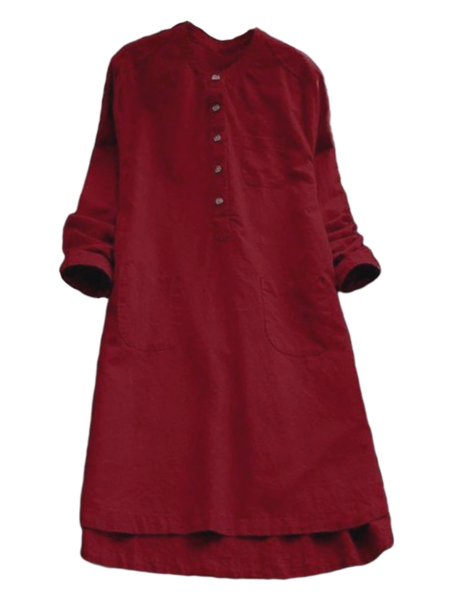 Capreze Women Cotton Linen Casual Dress Long Sleeve Solid Color Fall ...
