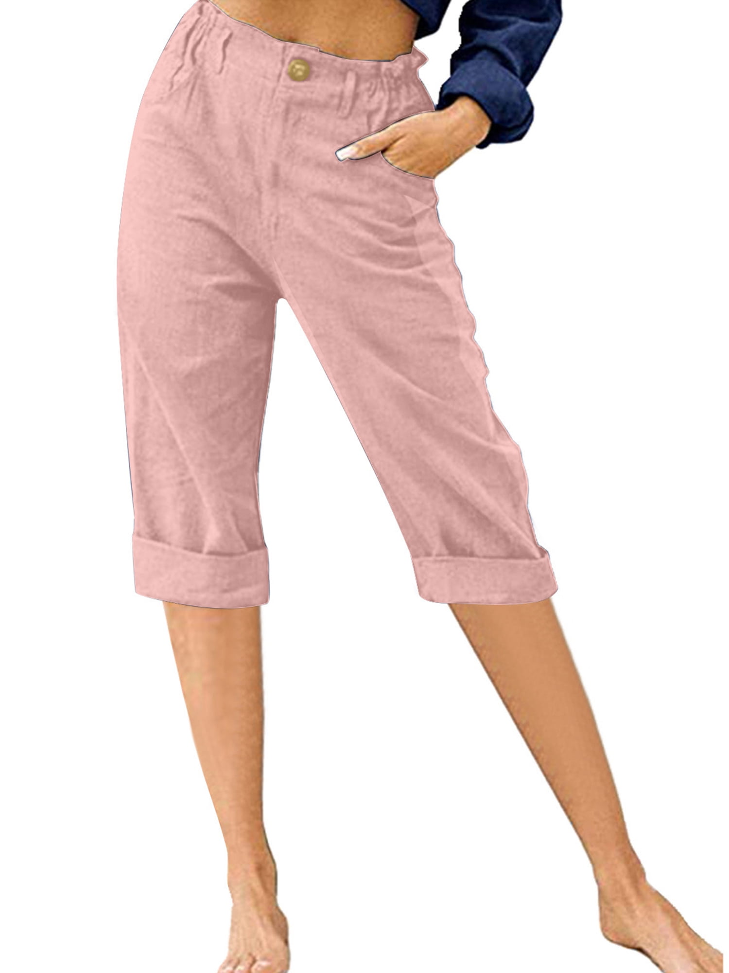 Capreze Women Cropped Pant High Waist Capri Pants Button Capris