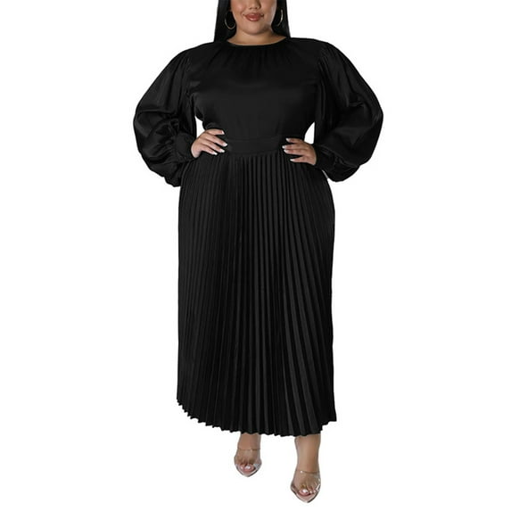 Capreze Women Dresses Solid Color Maxi Dress Plus Size Long Sleeve Crew Neck Dress Black 5XL