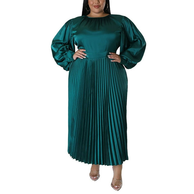 Capreze Women Dresses Solid Color Maxi Dress Plus Size Long Sleeve Crew  Neck Dress Green 3XL 