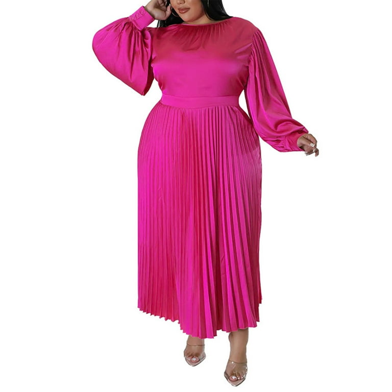 Capreze Women Dresses Solid Color Maxi Dress Plus Size Long Sleeve Crew  Neck Dress Rose Red 4XL 