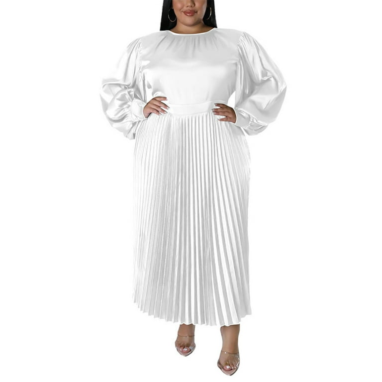 Capreze Women Dresses Solid Color Maxi Dress Plus Size Long Sleeve Crew  Neck Dress White 5XL 