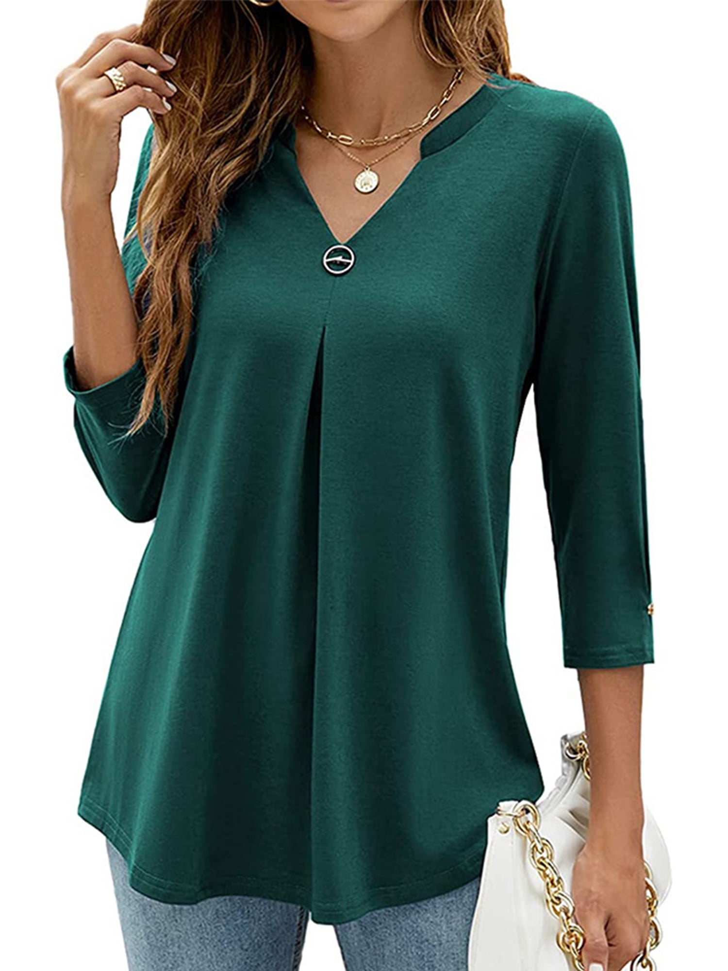 Viracy Womens Dressy Blouse V Neck Double Layers Elastic Mesh Casual Flowy  Work Shirts Ruffle 3/4 Flared Sleeve Tunic Tops