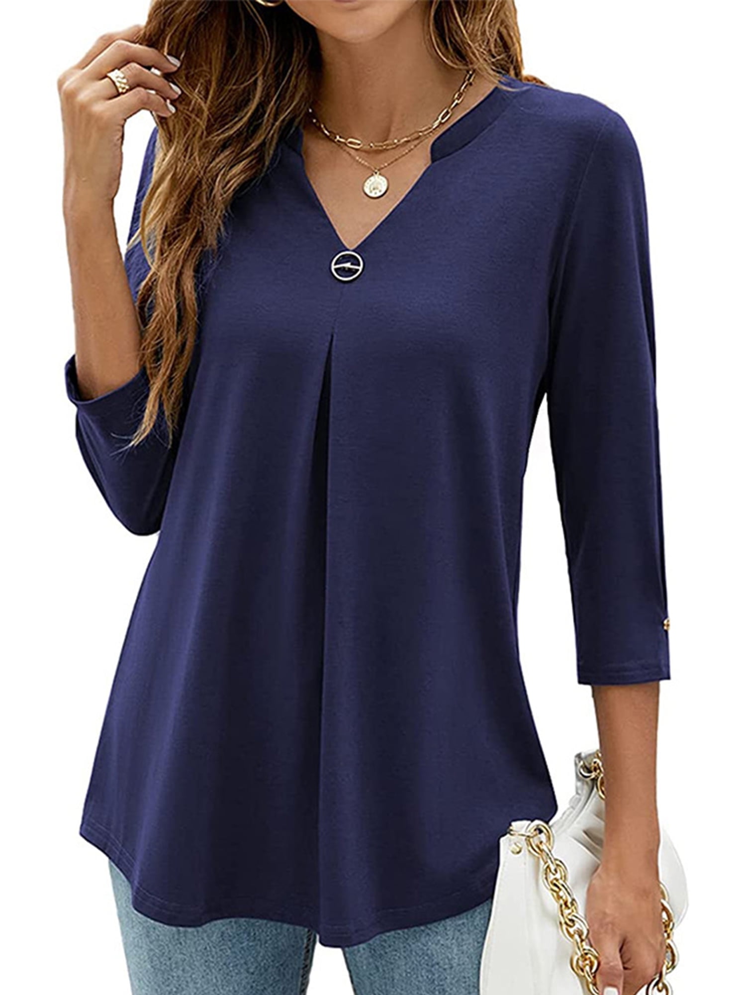 Capreze Women Dressy Casual Tops 3/4 Sleeve Flowy Tunic Blouse Swing  Pullover Dailywear Solid Color T Shirt - Walmart.com