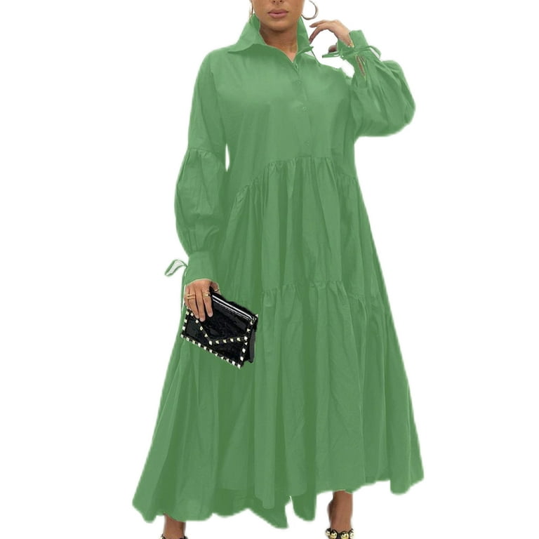 Capreze Women Fall Swing Dress Ruffle Casual Lapel Collar Maxi Dresses  Vintage Plain Long Sleeve Shirt Dress Green XL