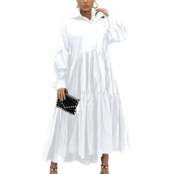 Capreze Women Fall Swing Dress Ruffle Casual Lapel Collar Maxi Dresses Vintage Plain Long Sleeve Shirt Dress White XL