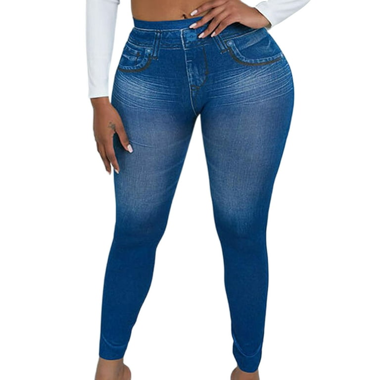 Capreze Women Faux Denim Pant Tummy Control Fake Jeans High Waist