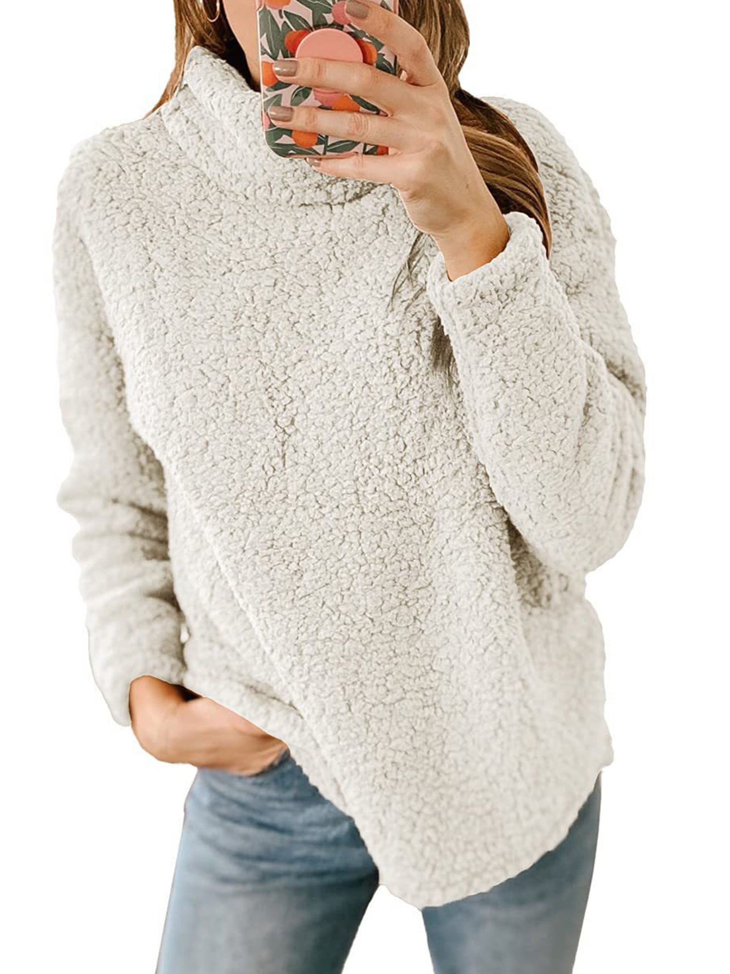 Capreze Women Fluffy Fleece Sweatshirt Long Sleeve Sherpa