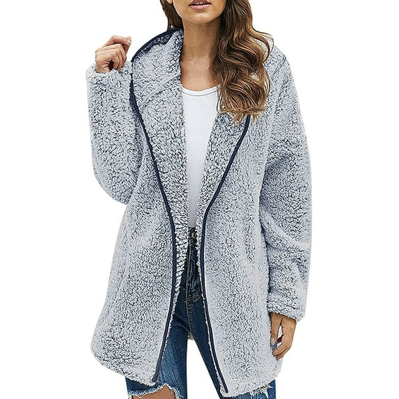 Capreze Women Hooded Cardigan Fuzzy Jacket Winter Open Front Fleece Coat Outwear with Pockets Blue M