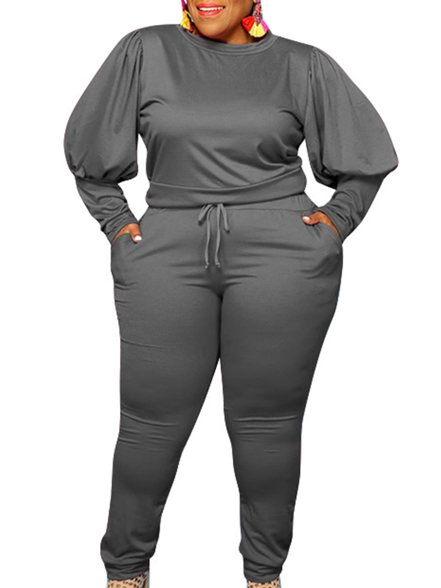 Capreze Women Jogger Set Long Sleeve Crop Sweatshirt And Pant Plus Size Two  Piece Outfit Oversized Tracksuit Sets Crew Neck Deep Gray XL