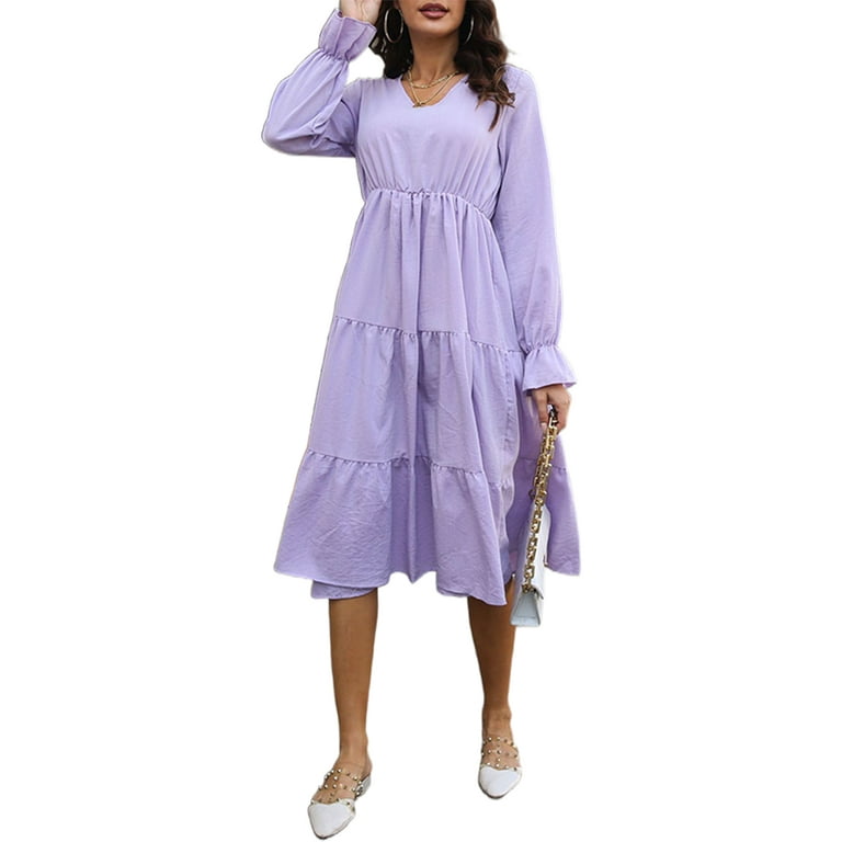 Capreze Women Long Dress V Neck Midi Dresses Solid Color Casual Sleeve  Light Purple S 