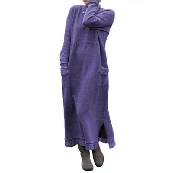 Capreze Women Long Sleeve Knitted Dress With Pockets Plus Size Kaftan Midi Dresses Ladies Crew Neck Loose Tunic Winter Dress Purple 2XL