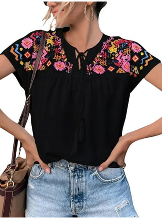 Women's Bell Sleeve V Neck Contrast Crochet Lace Tee Shirt Summer Boho  Embroidered Mexican Bohemian Tops Tassel Short Sleeve Casu