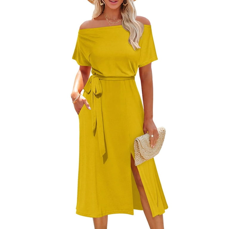 Capreze Women Midi Dress Crew Neck Summer Beach Sundress Short Sleeve  Dresses A Line Off Shoulder Yellow M 