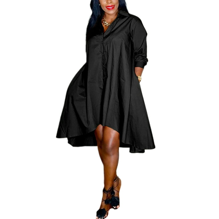 Capreze Women Plus Size Shirt Dresses Ruffle Sundress Button Down Midi Dress  Oversized Solid Color High Low Dresses Black 4XL 