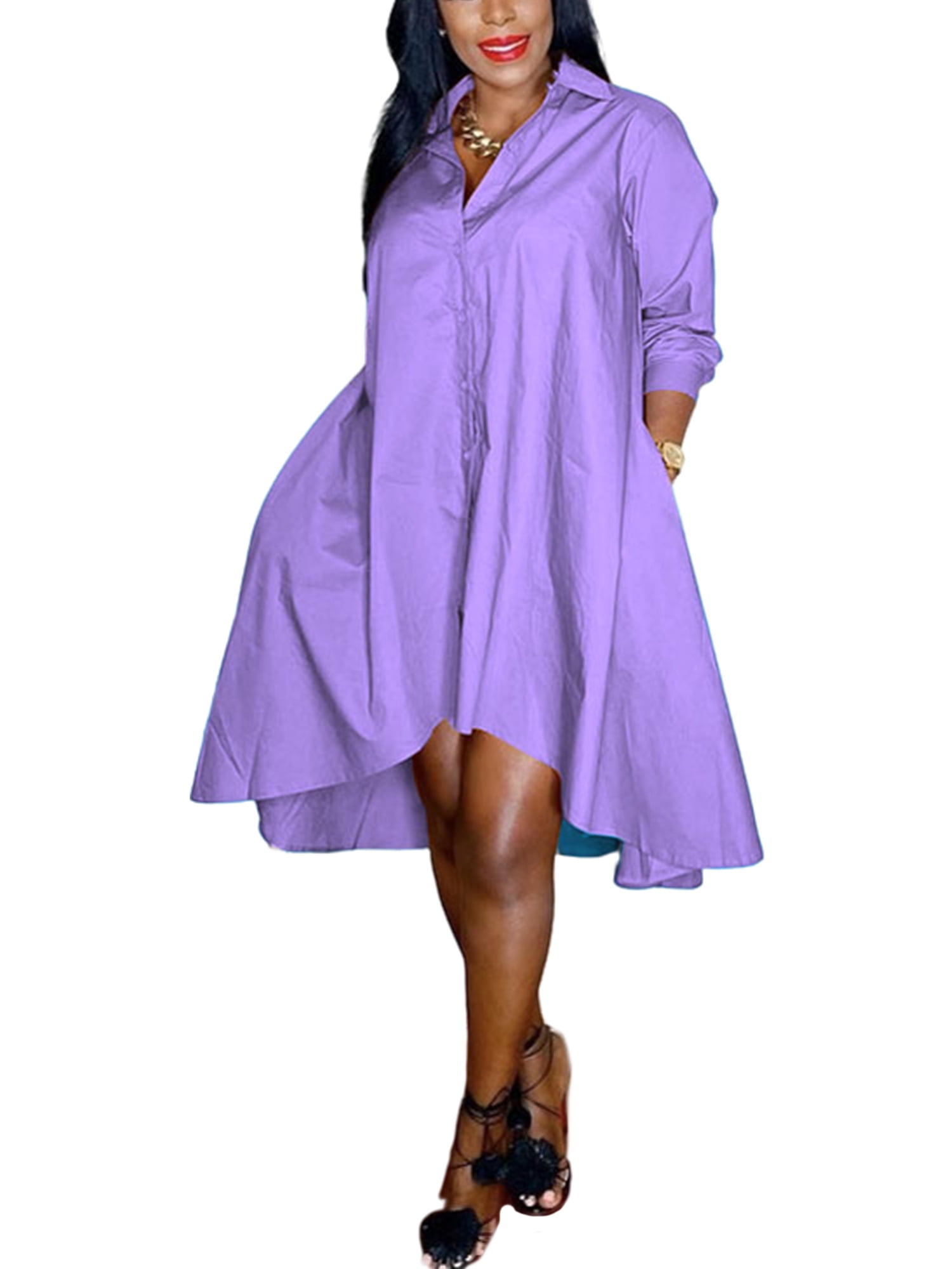 Capreze Women Plus Size Shirt Dresses Ruffle Sundress Button Down Midi Dress  Oversized Solid Color High Low Dresses Purple 5XL 