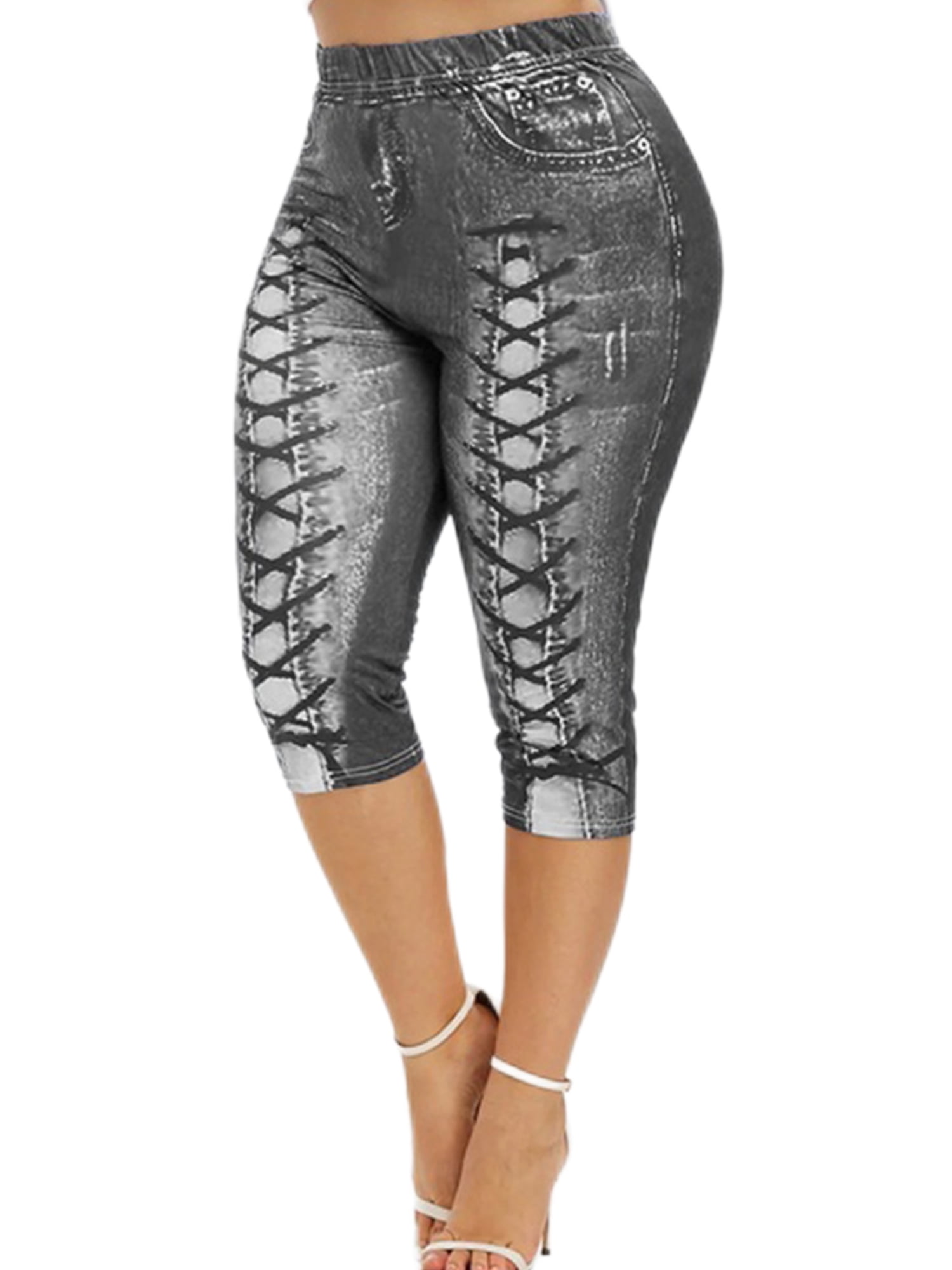 Capreze Women Printed Denim Capri Jeggings Plus Size Leggings Stretch High  Waist Fake Jean With Pockets 