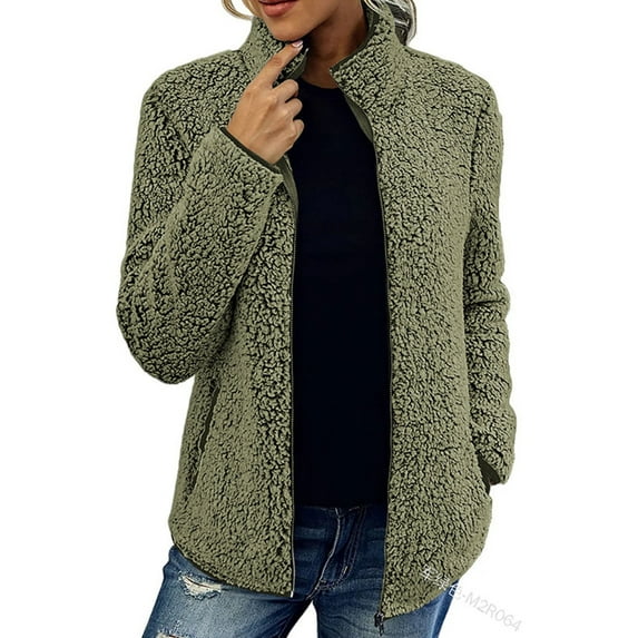 Capreze Women Sherpa Fleece Jacket Full Zipper Faux Fuzzy Casual Bomber Coat With Pockets Long Sleeve Winter Outwear Army Green S