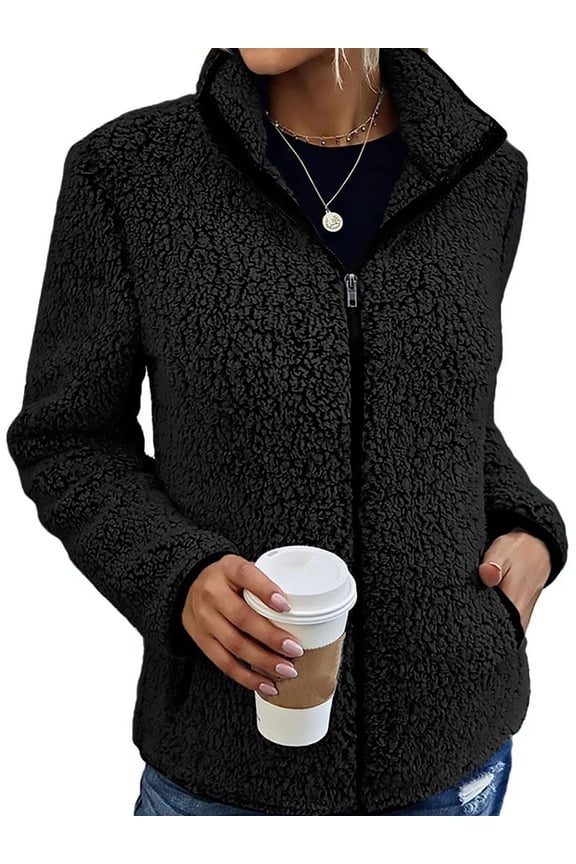Women Sherpa Fleece Jacket Full Zipper Faux Fuzzy Casual Bomber Coat With Pockets Long Sleeve Winter Outwear Black XXL