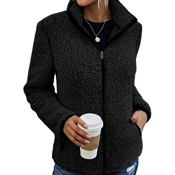 Capreze Women Sherpa Fleece Jacket Full Zipper Faux Fuzzy Casual Bomber Coat With Pockets Long Sleeve Winter Outwear Black XXL