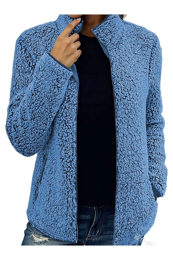 Women Sherpa Fleece Jacket Full Zipper Faux Fuzzy Casual Bomber Coat With Pockets Long Sleeve Winter Outwear Blue XL