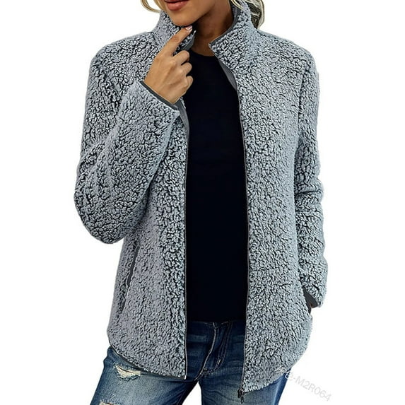 Capreze Women Sherpa Fleece Jacket Full Zipper Faux Fuzzy Casual Bomber Coat With Pockets Long Sleeve Winter Outwear Grey L