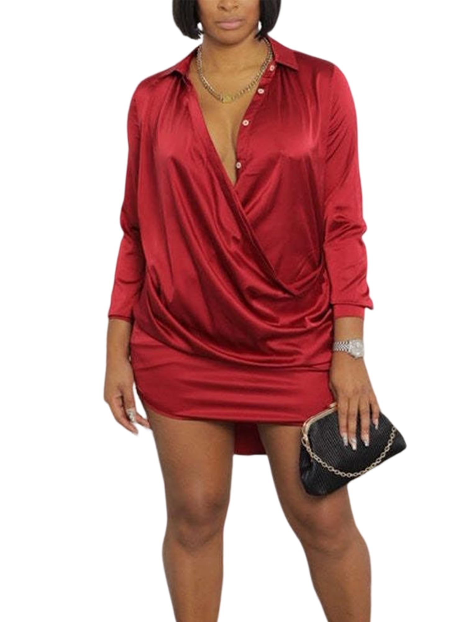 (Wine Red XL)Women Shirt Dress Pure Colour Short Sleeve Button Down IDS