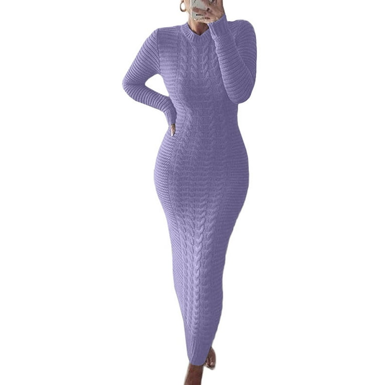 Capreze Women Solid Casual Slim Dress Knitwear Pullover Sweaters Dress Long  Sleeve Bodycon Maxi Dress 