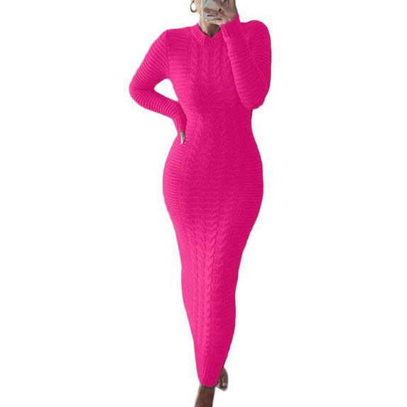 Capreze Women Solid Casual Slim Dress Knitwear Pullover Sweaters Dress Long Sleeve Bodycon Maxi Dress