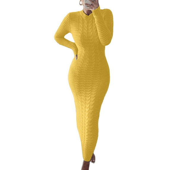 Capreze Women Solid Casual Slim Dress Knitwear Pullover Sweaters Dress Long Sleeve Bodycon Maxi Dress