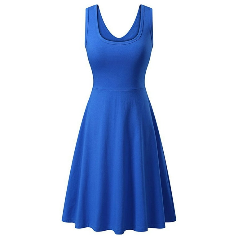 Capreze Women Summer Beach Sundress Solid Color Tank Dress Sleeveless Midi  Dresses Casual Scoop Neck Royal Blue M 