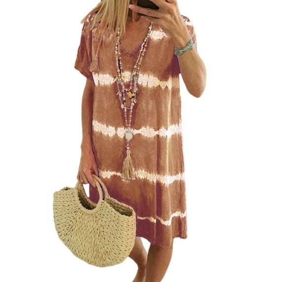 Capreze Women Tie Dye Stripe Dress Casual Summer Short Sleeve Tunic Dresses Beach Lounge Dress