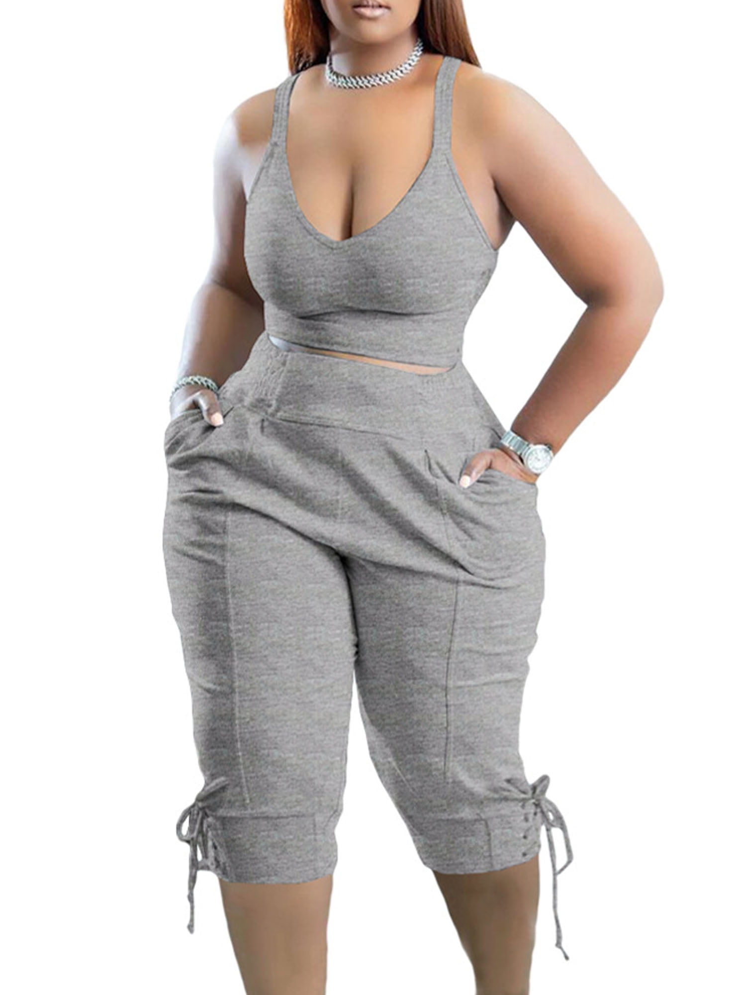 Capreze Women Two Piece Outfit V Neck Jogger Set Sleeveless Sweatsuits  Capri Pants Lounge Sets Solid Color Gray M 