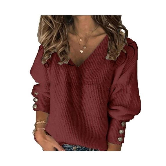 Capreze Women V Neck Knit Tops Loose Buttons Decor Top Loungewear Tunic Blouse Ribbed Pullover Wine Red XXL