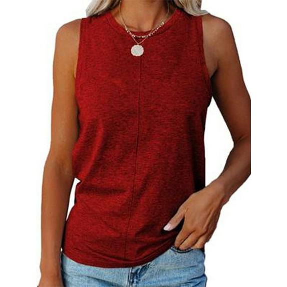 Capreze Women Vest Crew Neck Tank Tops Solid Color T Shirts Loose Camisole Sleeveless Blouse Wine Red XXL