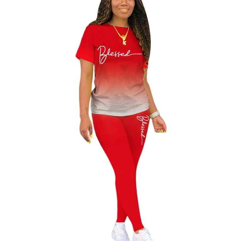 Capreze Women Workout Sets Short Sleeve Tops Long Pants 2 Piece Outfit  Sport Sets Gradient Fitness Letter Print Tracksuit Red XL