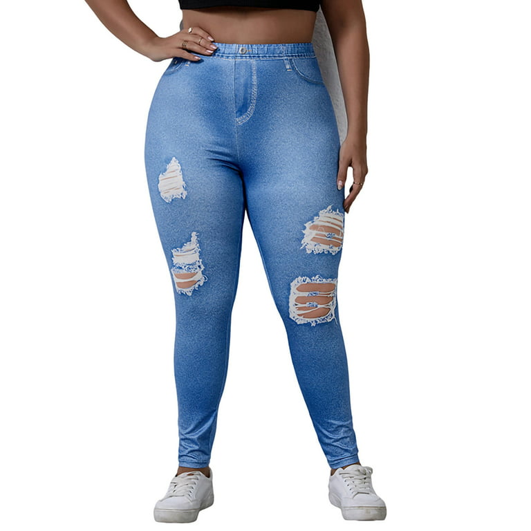 Capreze Women Printed Denim Capri Jeggings Plus Size Leggings Stretch High  Waist Fake Jean With Pockets