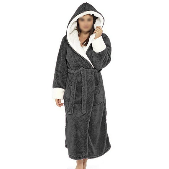 Capreze Women's Plush Sherpa Lounger Solid Color Sleepwear Hooded Sherpa Robes Loose Dressing Gown Long Sleeve Fleece Robe Deep Gray M
