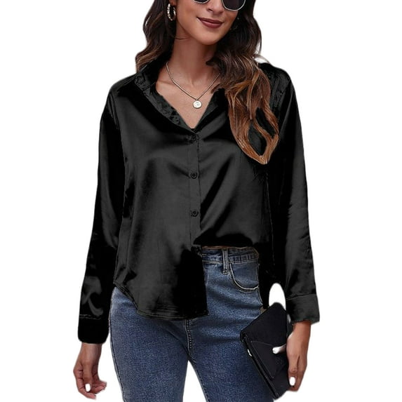 Capreze Womens Button Down Shirt Long Sleeve Work Dress Shirts V Neck Plain Business Casual Blouses for Women 2XL Black