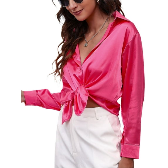 Capreze Womens Button Down Shirt Long Sleeve Work Dress Shirts V Neck Plain Business Casual Blouses for Women M Rose Red