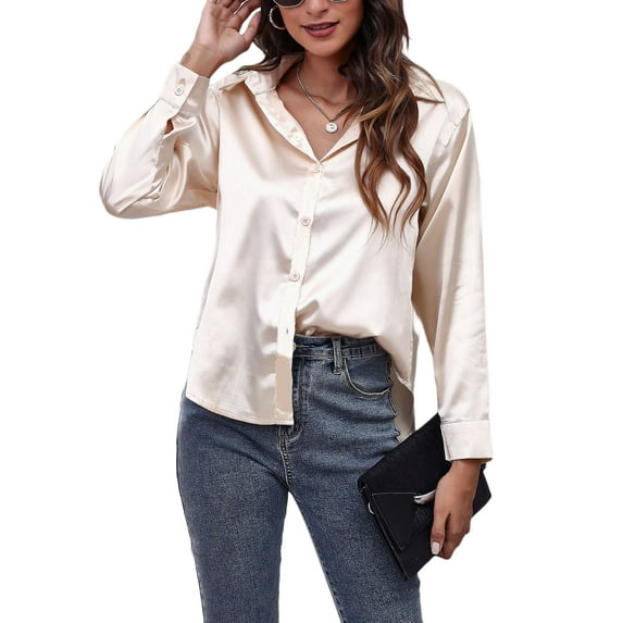 Capreze Womens Button Down Shirt Long Sleeve Work Dress Shirts V Neck Plain Business Casual Blouses for Women XL Champagne